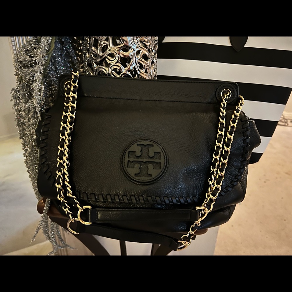 Authentic TORY BURCH Marion Black Gold Leather Flap Cross Body Shoulder Bag